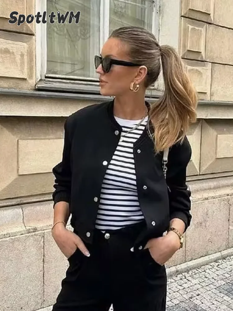 Schicke O-Ausschnitt Einreiher Damen Taschen Bomber jacke Retro solide volle Ärmel kurze schlanke Mäntel 2024 Herbst hohe Streetwear