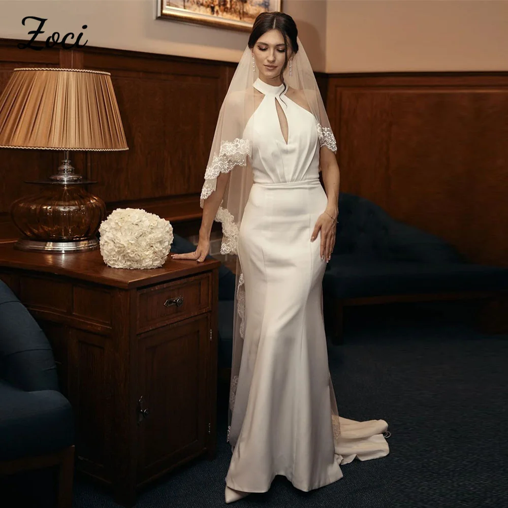 

Zoci Elegant Halter Neck Mermaid Wedding Dresses Cut Out Sleeveless Bride Dress Customized Beach Long Crepe Bridal Dress 2025