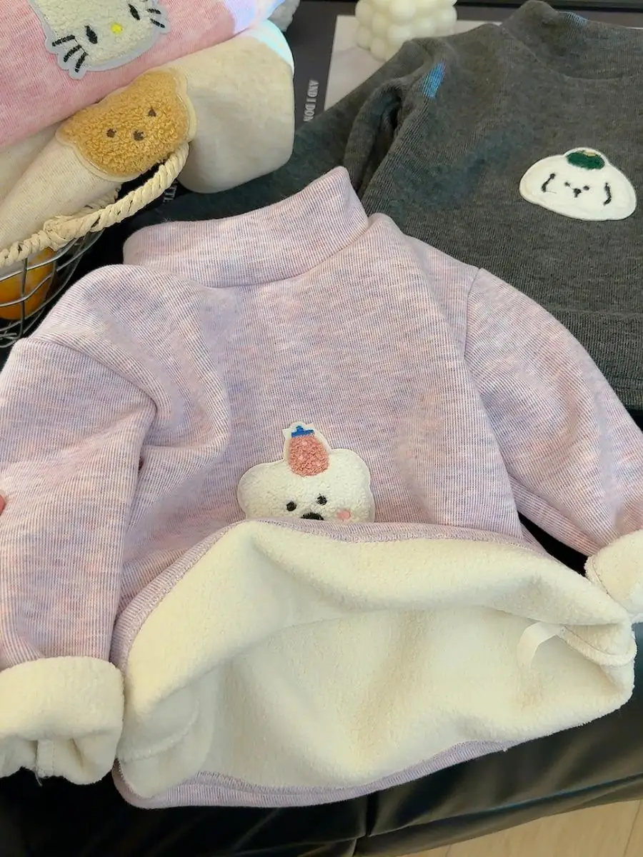 Thiened Wool Silk Base irt Autumn Winter Children's Thermal Top Girls Boys Warm Versatile Clothes Long Sve T-irt