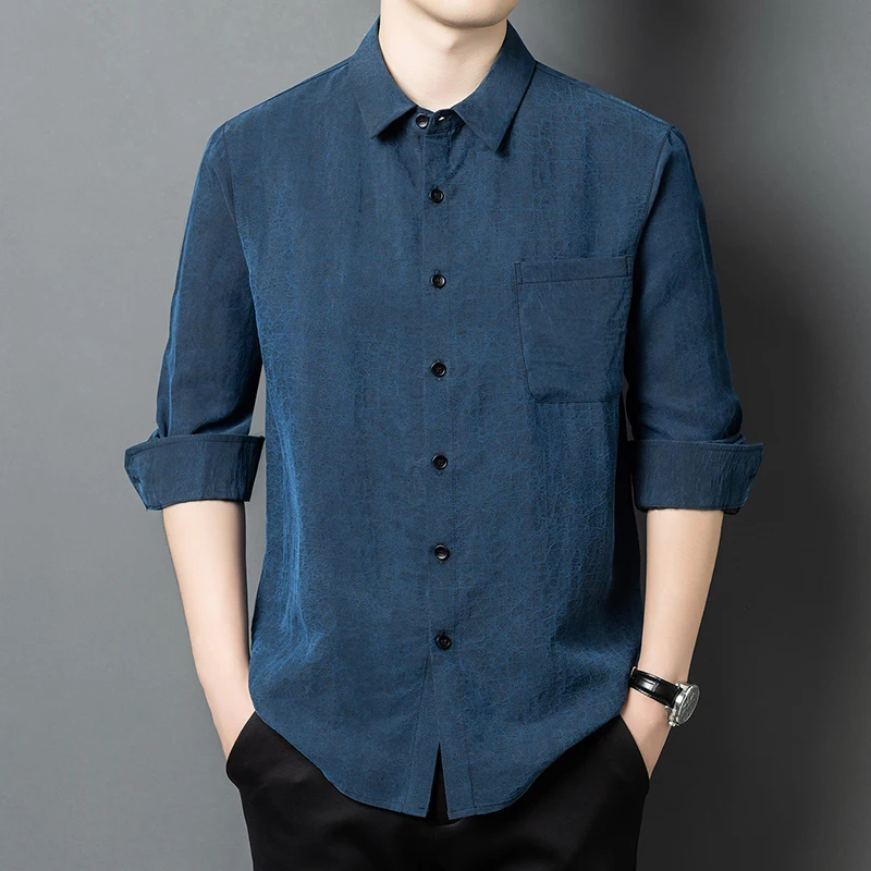 Skin-Friendly Premium Shirts For Men Long Sleeved Real Silk 100% Autumn Quality Lightweight Gambiered Canton Gauze Chemise Homme