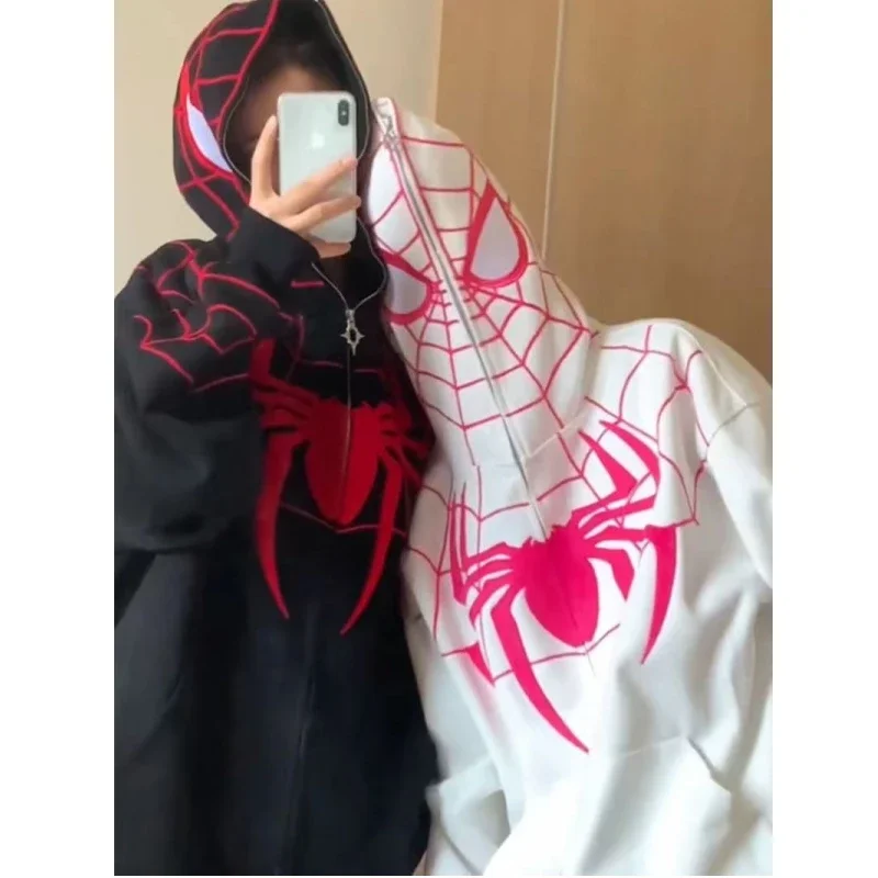 Spiderman male and female couples thickened velvet outdoor anime embroidery printed cardigan jacket student hooded sweatshirt