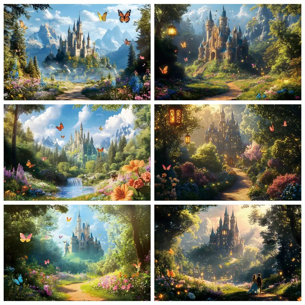 

Spring Forest Castle Backdrop Green Trees Plants Butterfly Baby Kids Birthday Party Photography Background Decor Photostudio