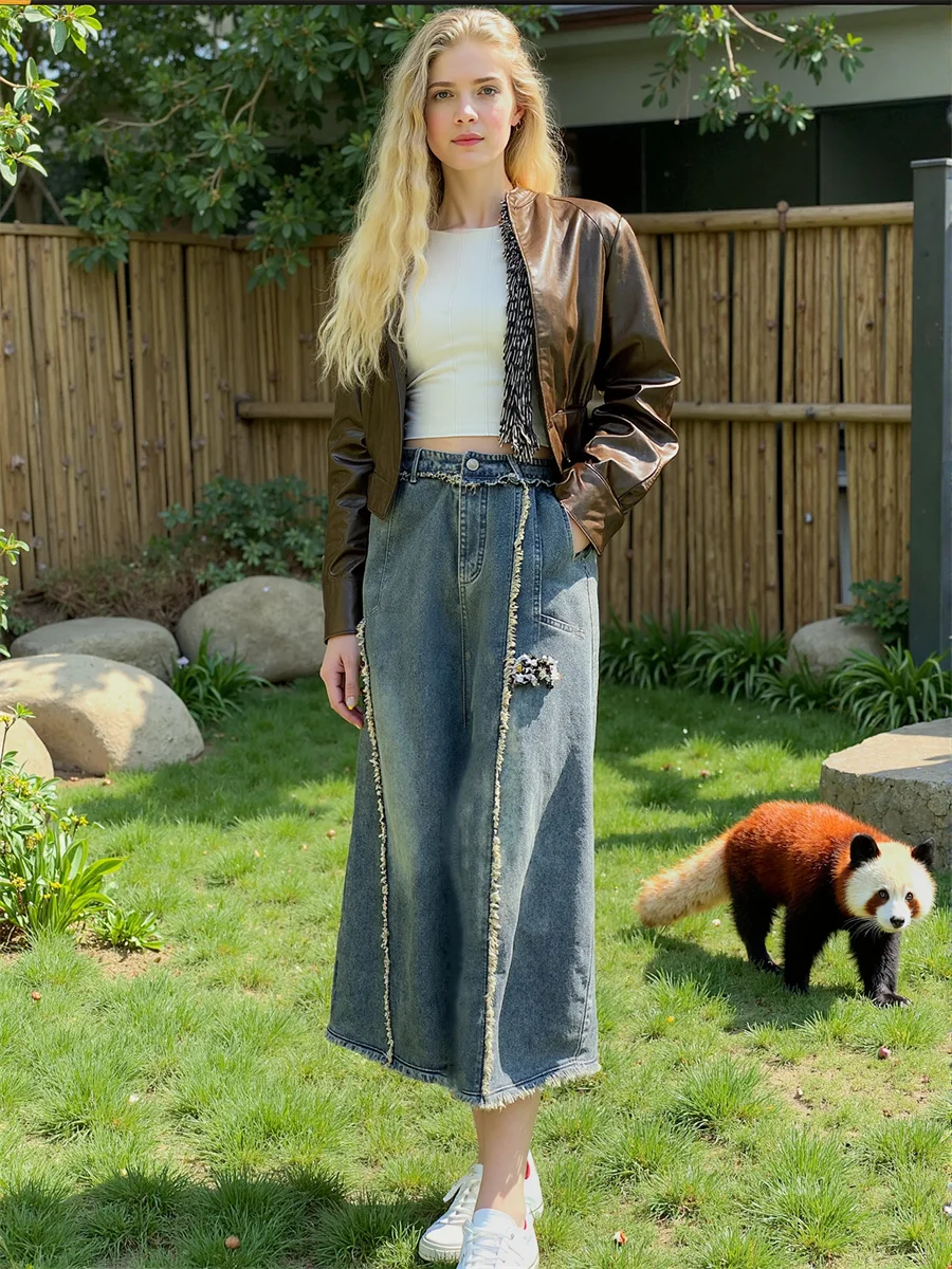 

Ankle length Denim Skirts Womens Shirred Pleated Patchwork Waist Drawstring Comfortable Soft Feminina Chic Modern Artistic