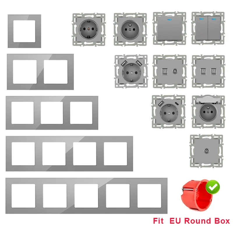 Module mural standard européen bricolage, panneau en verre cristal gris, prise de courant, fonction de bouton de commutation, combinaison gratuite