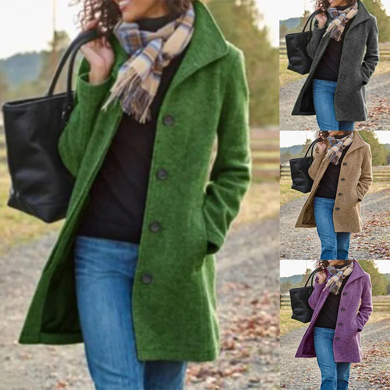 Otoño Invierno nuevo Vintage medio a largo mujer abrigo Casual versátil Color sólido abrigos de lana femeninos
