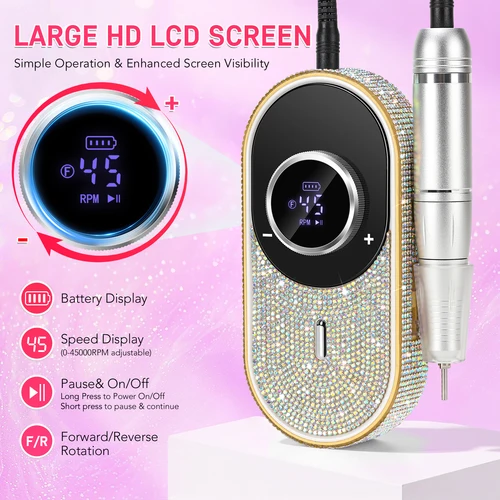 Imagen 2 del producto Taladro de uñas recargable de 45000RPM, máquina de manicura, taladro profesional para uñas con pantalla LCD, juego de Taladro Inalámbrico portátil, herramienta para uñas