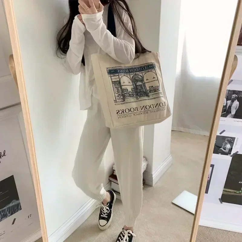 Women Canvas Shoulder Bag London Books Print Ladies Casual Handbag Tote  Reusable Large Capacity LWE2-V