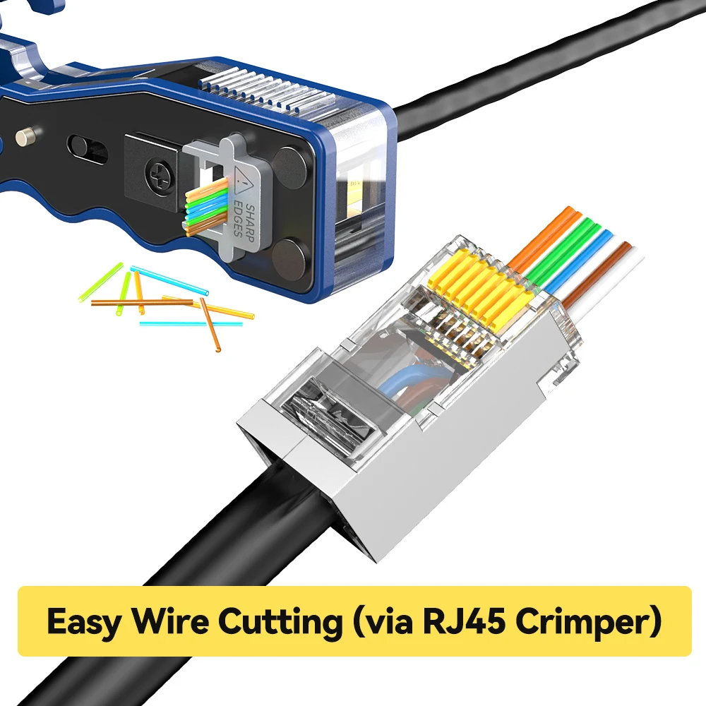 Denswire STP RJ45 Cat6 Pass-Through Connectors, FTP Crimp Modular Plugs, 3-Prong for Solid and Stranded Cable, 8P8C Design