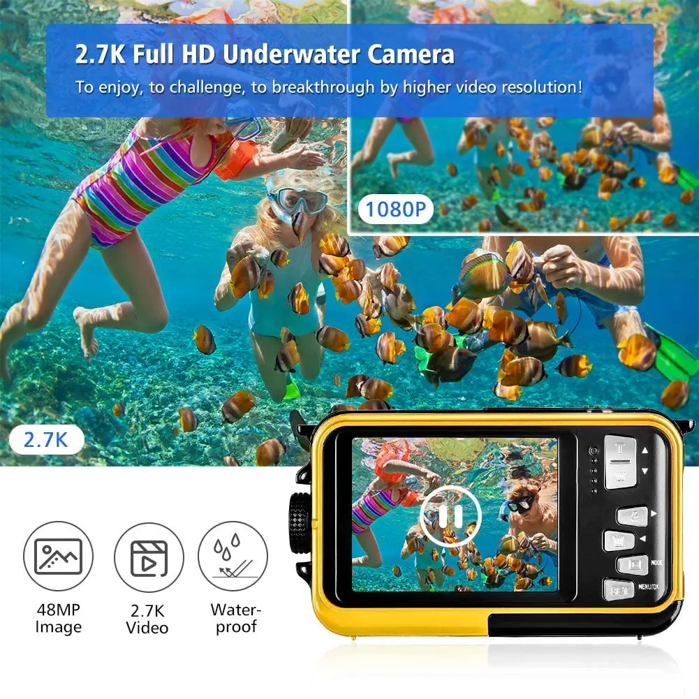 2.7K 48MP Digital Camera HD Rechargeable Underwater Camera Dual Lens Waterproof Cameras