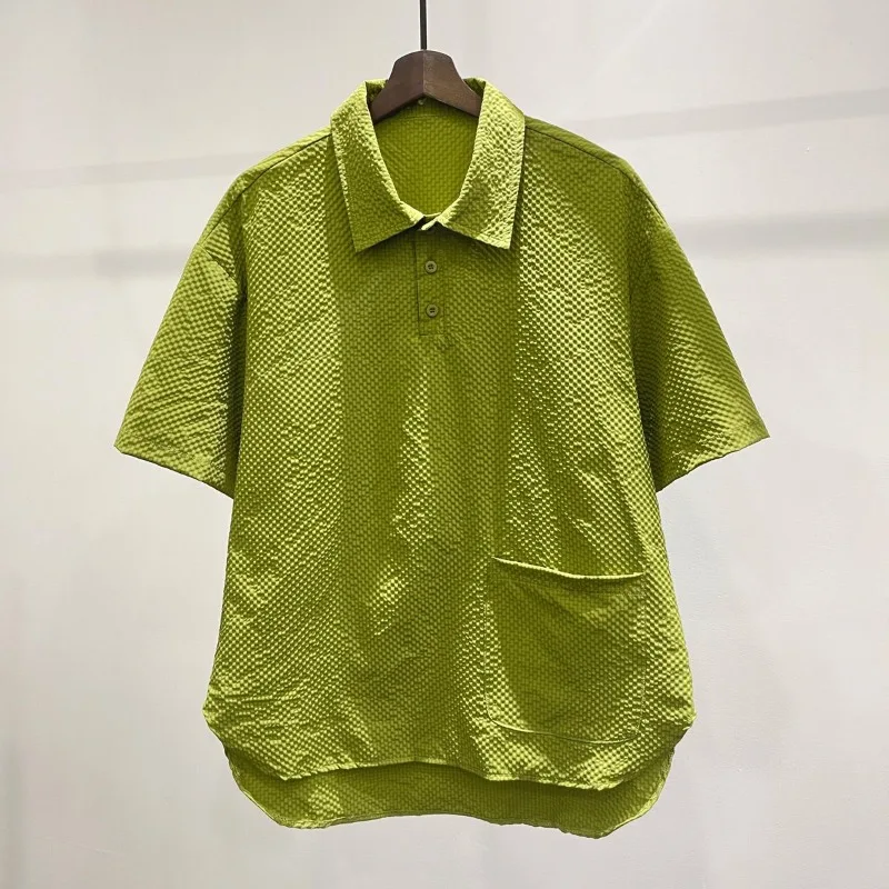 Loose Solid Lattice Short Sleeve T-shirt Men POLO Cool and Breathable Outdoor Tops Summer Green Sweat-absorbing Vintage Tees