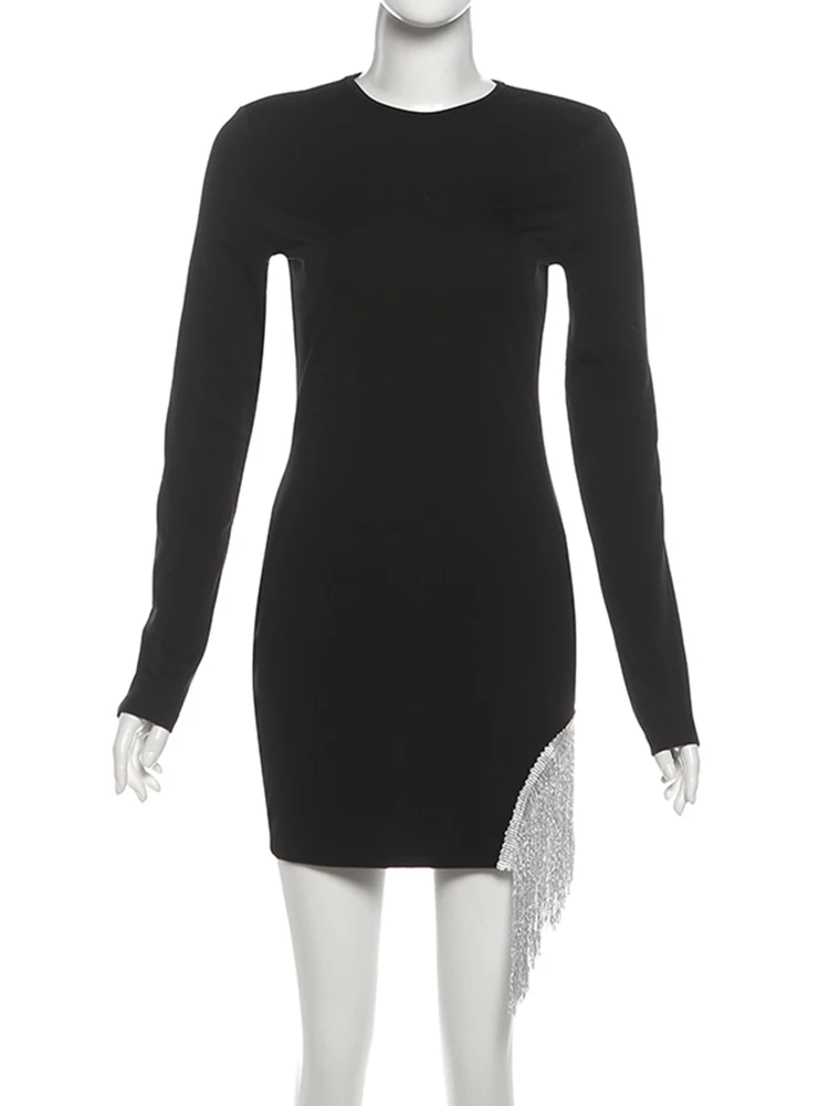Kliou Casual Elegant Mini Dress For Woman o-Neck Full Sleeve Tassel Decoration Skinny High Stretch Midnight Prom Party Bodycon