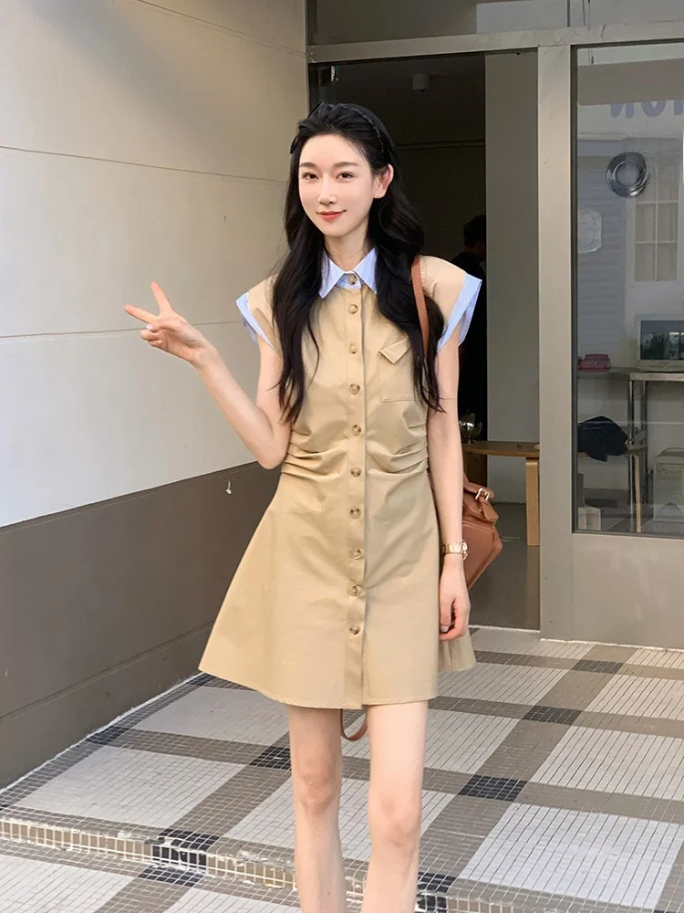 

OUDOCKEE Women's Shirt Dress Casual Style A-Line Skirt Short Sleeve Drawstring Waist Slimming Gathered Skirt Button Closure
