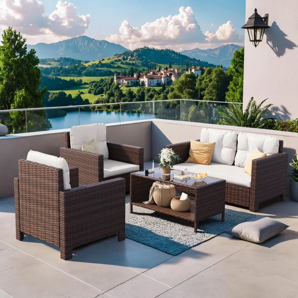 

4 Pieces Patio Furniture Sets Rattan Chair Wicker Conversation Sofa Set, Outdoor Indoor Backyard Porch Garden Poolside Balcony