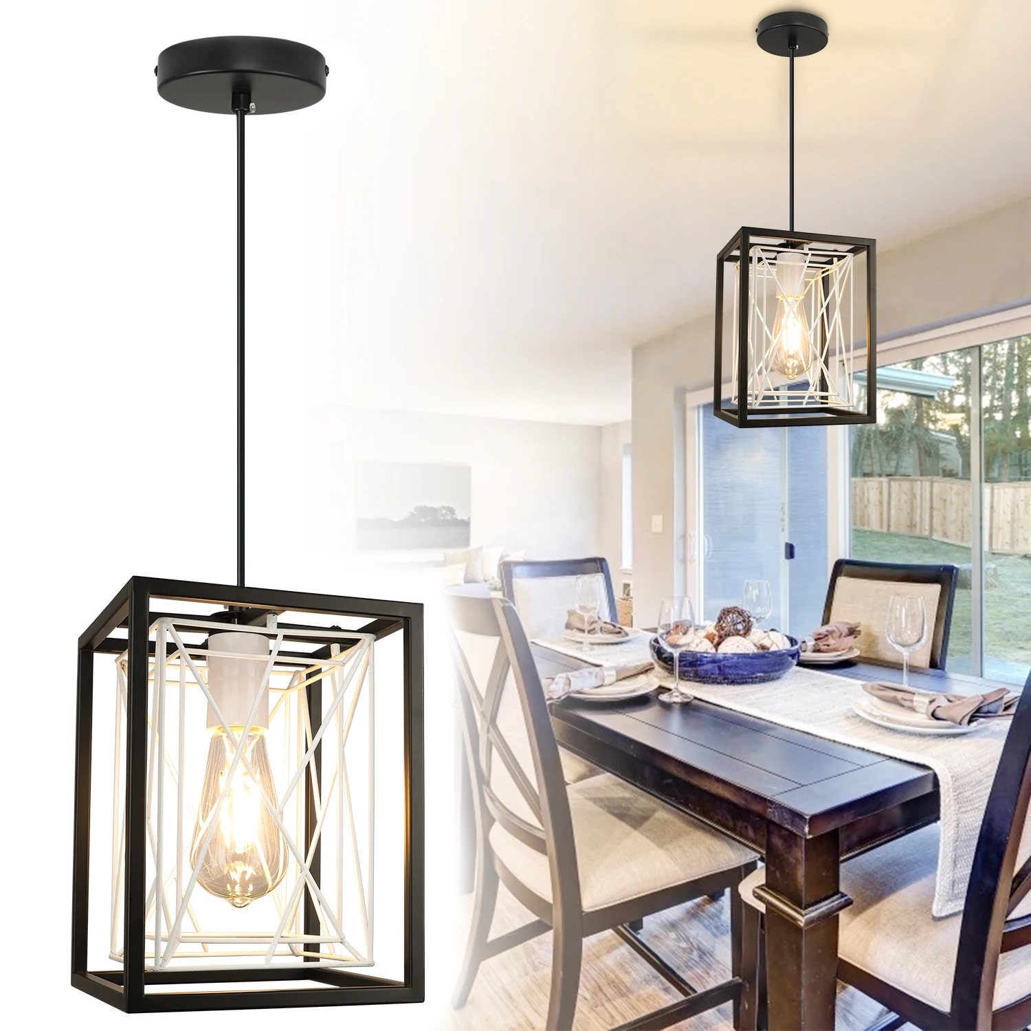 Depuley Black Lantern Pendant Light Fixture Rustic Lighting with Adjustable Cord Rectangle Metal Cage Hanging Lights for Kitchen