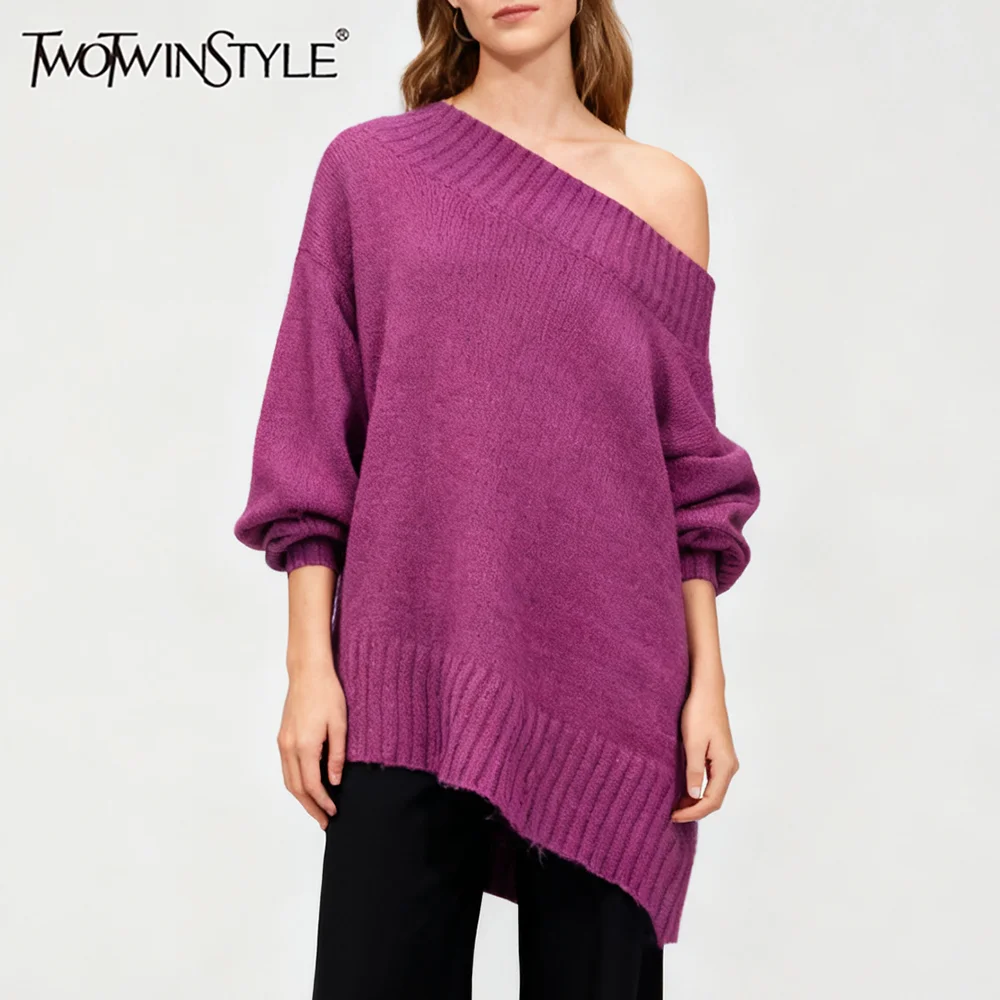 

TWOTWINSTYLE Solid Loose Minimalist Sweaters for Women Diagonal Collar Long Sleeves Casual Sweater Female Autumn Clothing New