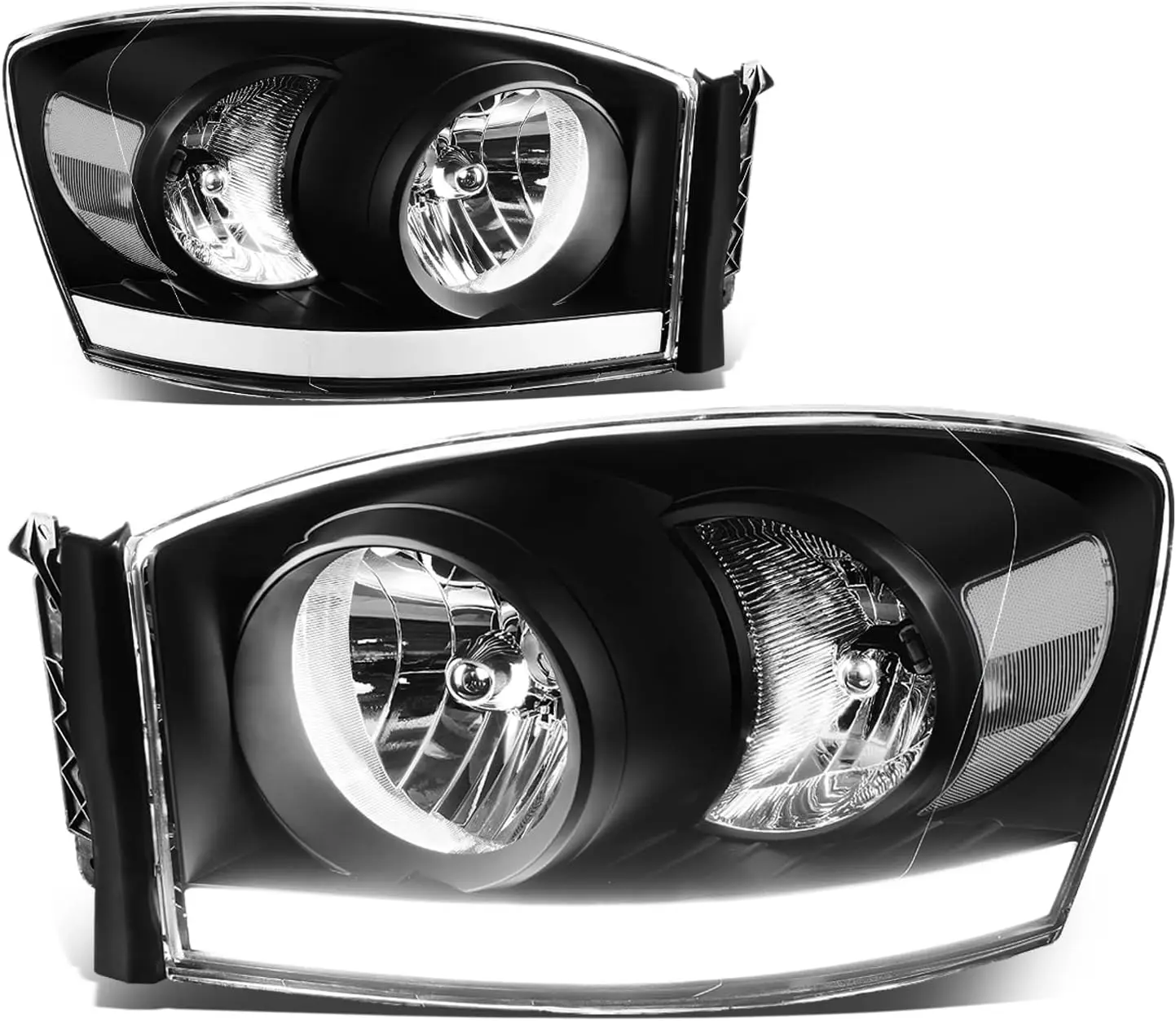 

LED DRL Headlights Assembly Compatible with Dodge Ram 1500 2500 3500 2006 2007 2008 2009, Driver and Passenger Side, Black Housi