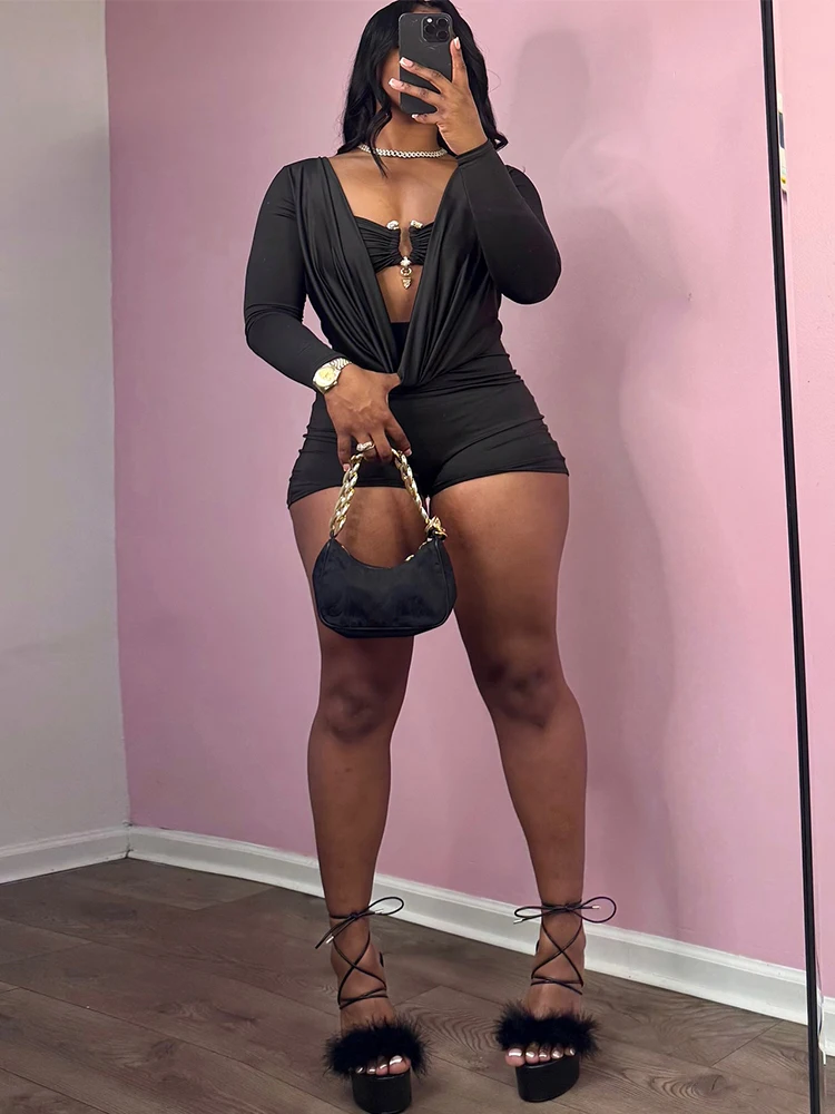 Sisterlinda Playsuits mit schwingendem Ausschnitt für Damen, einfarbig, mit Metalleinsatz, Ausschnitt, volle Ärmel, Stretch, sexy, schmal geschnitten, schick, trendige Clubwear – Detail 24