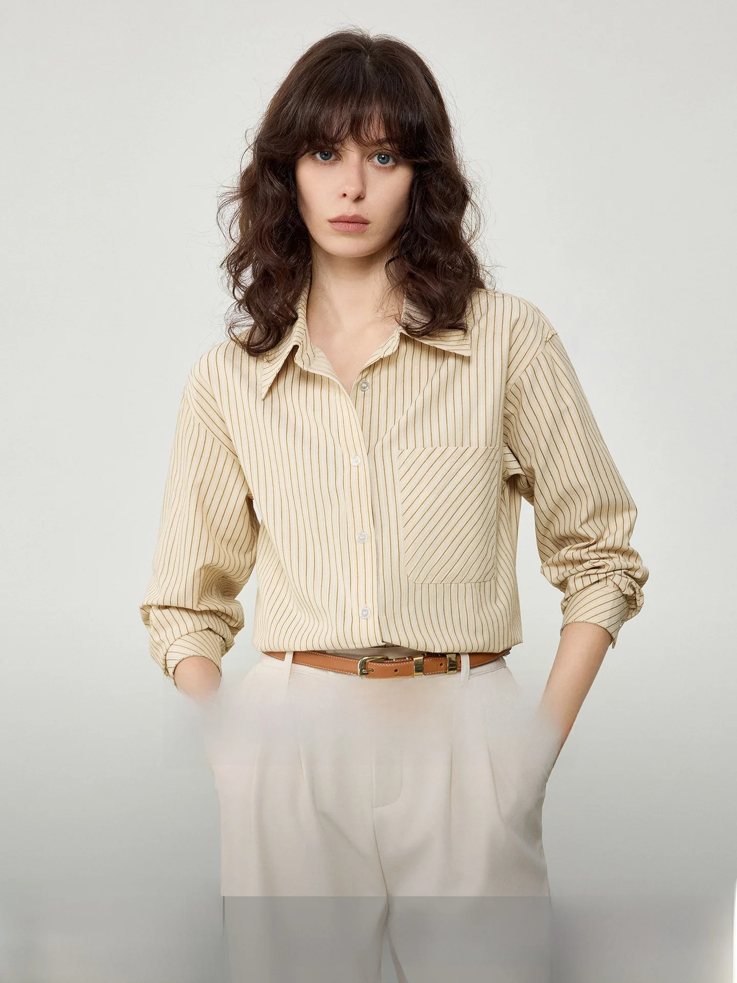 

Yakejia Beige Striped Shirt Women's Spring Autumn Commute Casual Long Sleeve Shirt Layering Business Straight Cut V-neck