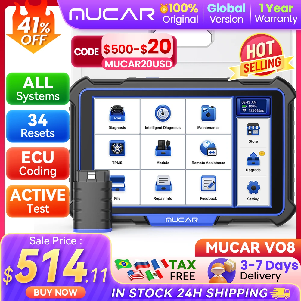 MUCAR VO8 Best Professional Car Diagnostic Tool Obd2 Car Scanner Automotive Diagnose ECU Coding Active Test 34 Reset Free Update