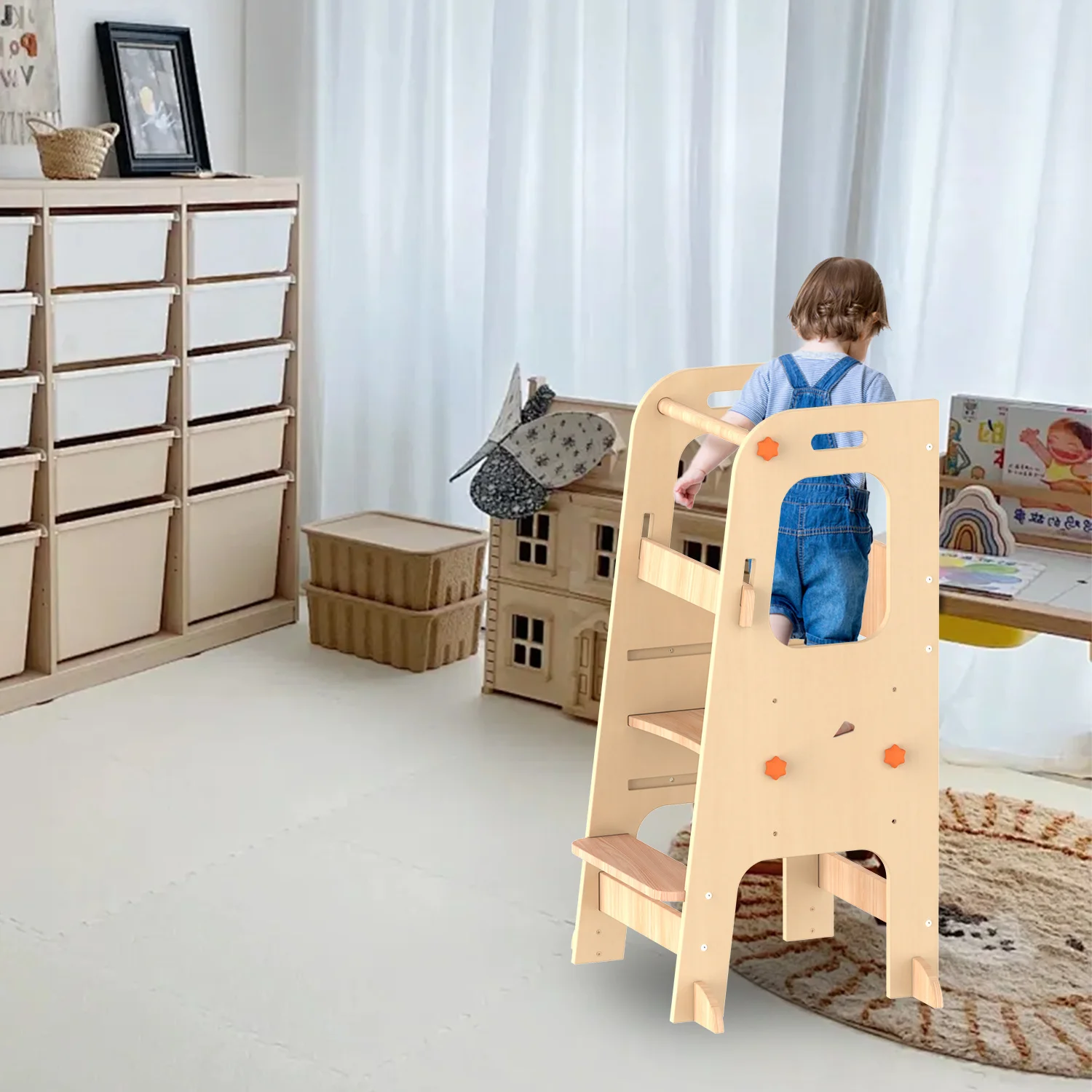 Toddler Tower Wooden Ladder Learning Tower, Toddler Kitchen Stool Helper with 3 Adjustable Height Non-skid Feet Anti-drop Rail