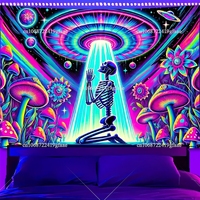 Skeleton UFO Blacklight Tapestry UV Reactive Mushroom Skull Glow In The Dark Luminous Tapestries Galaxy Neon Backdrops Aesthetic