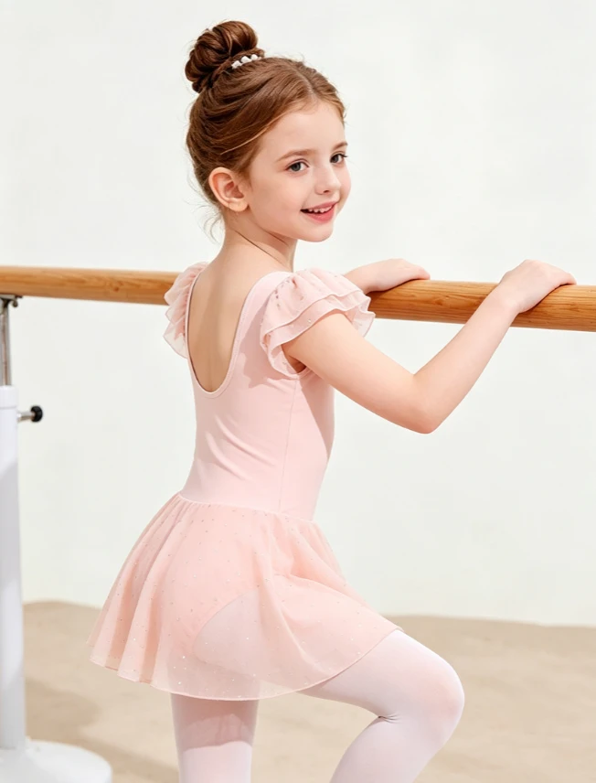 Girl Summer Double Ruffle Flutter Sleeve Ballet Leotard Sequins Skirt Kids Dance Training Gymnastics Daily Practice Stage Outfit