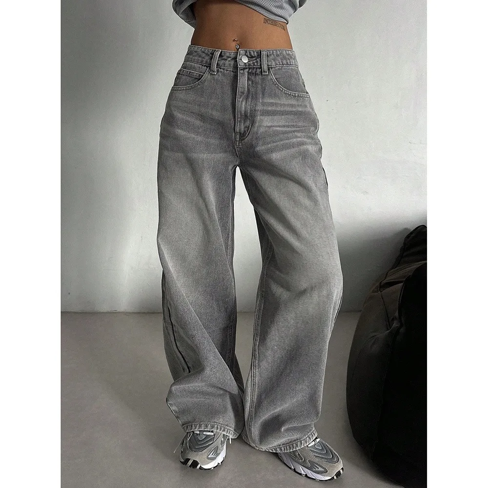 Y2K Baggy Jeans Women's High Waist Cotton Denim Pants Oversized Gray Wide Leg Denim Jeans Relaxed Fit Faded Wash Jeans Pants
