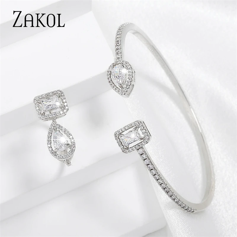 ZAKOL Fashion Rectangle Water Drop Zirconia Cuff Bangle Ring Set for Women Shiny CZ Stacking Wedding Dress Jewelry Set