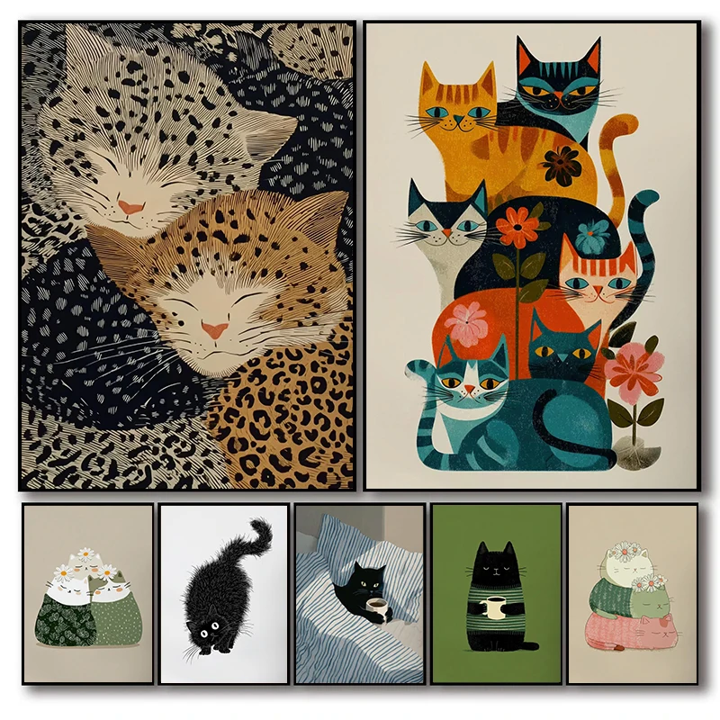 (2D canvas painting)Relaxing Colorful Cat Poster Whimsical Florals Minimalism Modern Prints Canvas Painting Wall Art Pictures