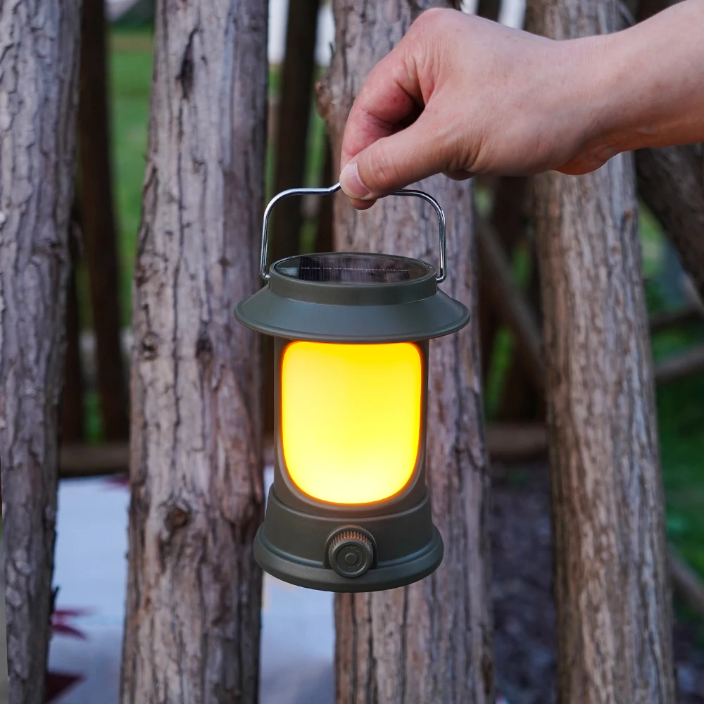 Solar Portable Handheld Vintage Camping Lantern USB Rechargeable Outdoors Tent Light LED Warm Light Night Hiking Fishing Lamp