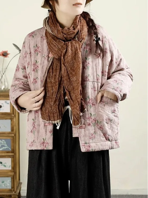 Retro Artistic Button-Up Collar Floral Print Thiened Cotton Jaet Women's Winter New Sle Small Size Cotton Outerwear