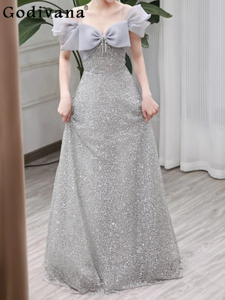 

L-4XL Large Size Elegant Sequin Big Bow Slash Neck Evening Dress 2025 New Lace-up High Waist Party Princess Floor-length Dresses