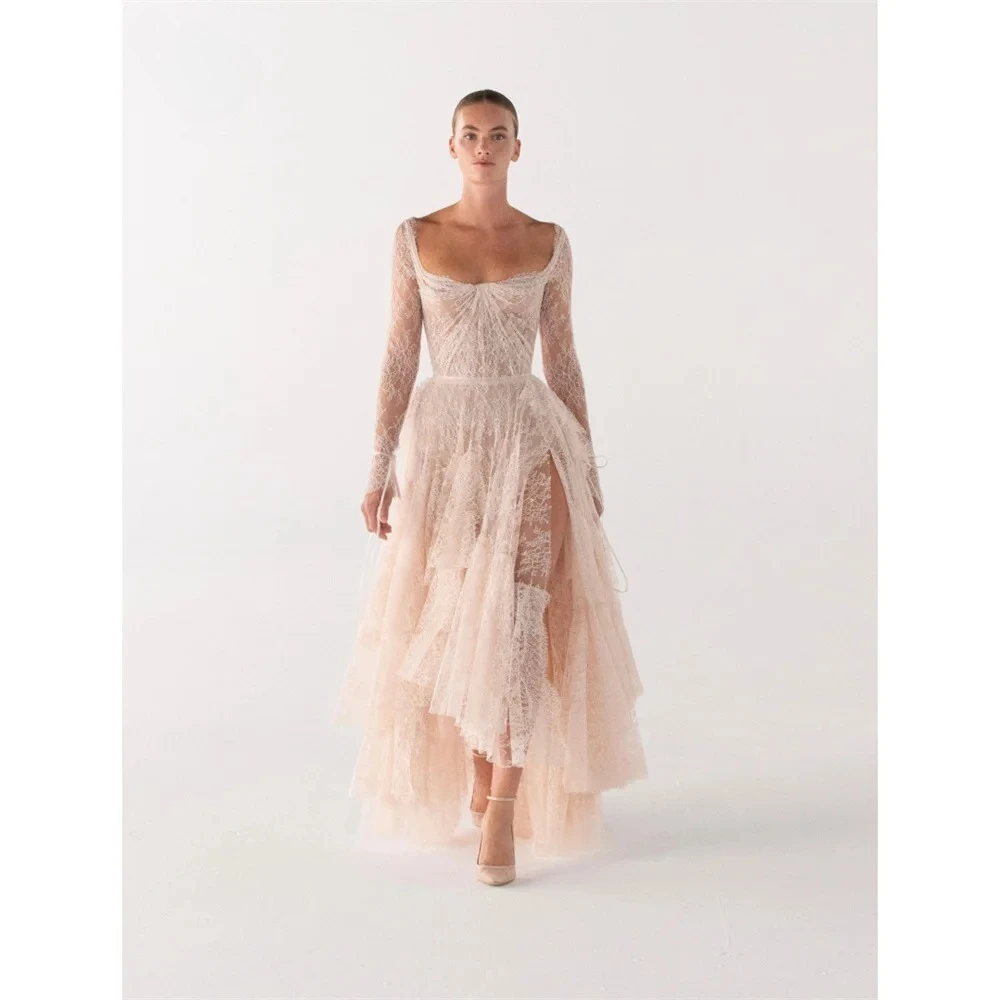 Customized Refinement Elegant Lace Long Sleeve Wedding Dresses Blush Pink Square Neck High Slit Gowns Modern Dress for Bride