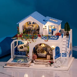 DIY Wooden Doll Houses Blue and White Town Casa Miniature Building Kits with Furniture Led Dollhouse for Adults Birthday Gifts