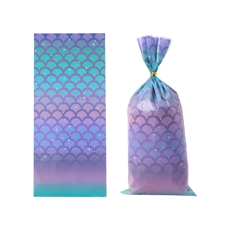 100pcs Bags Mermaid Scale Pattern in Gradient Colors Purple Teal with Gold Twist Ties for Sealing Jewelry Packaging Gifts Sets