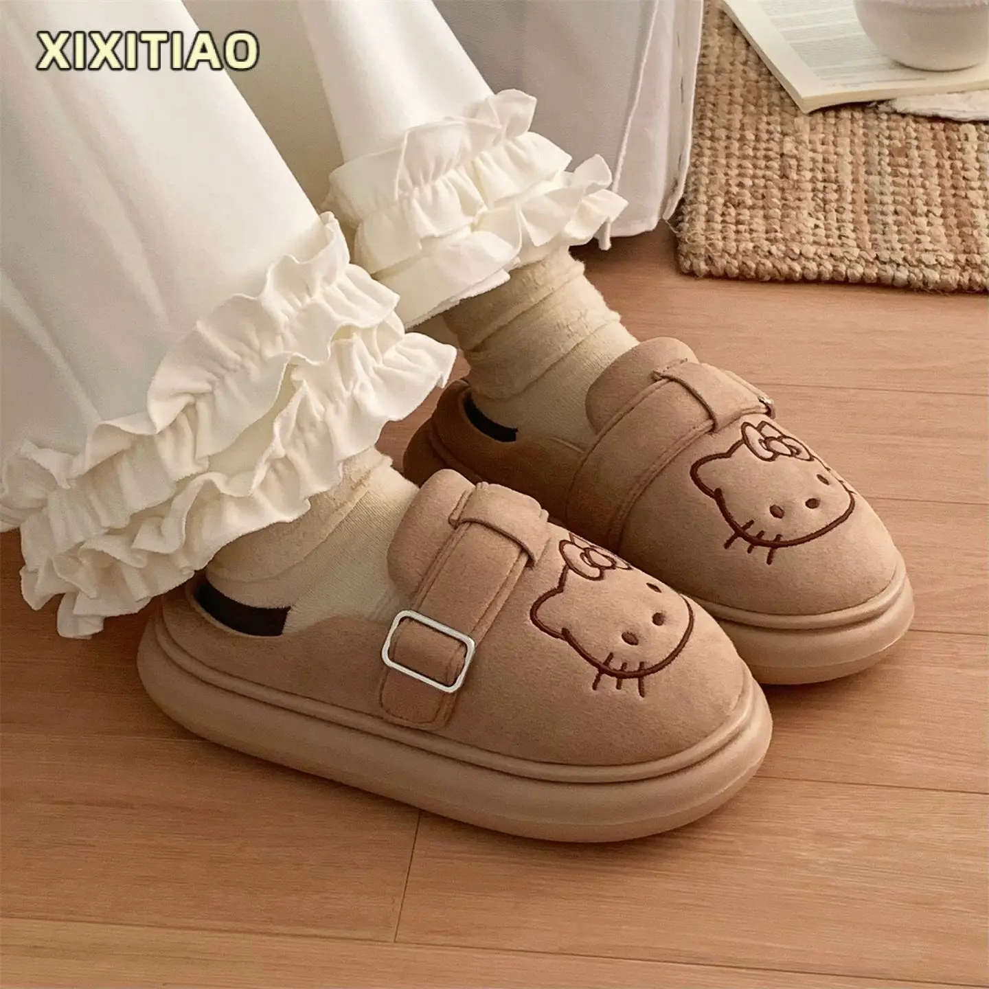 Kawaii مرحبا كيتي مريحة الصوف مبطن عدم الانزلاق فتاة Brikenstocks النعال الشتاء صوف مبطن الدافئة غامض نعال من القطن #3