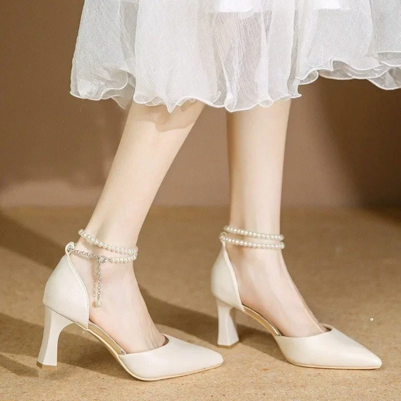 New White Ankle Pearl Strap Strappy Design Fashion High Heels Women Pumps Stiletto Sexy Dress Wedding Bridal Shoes Dress Shoes