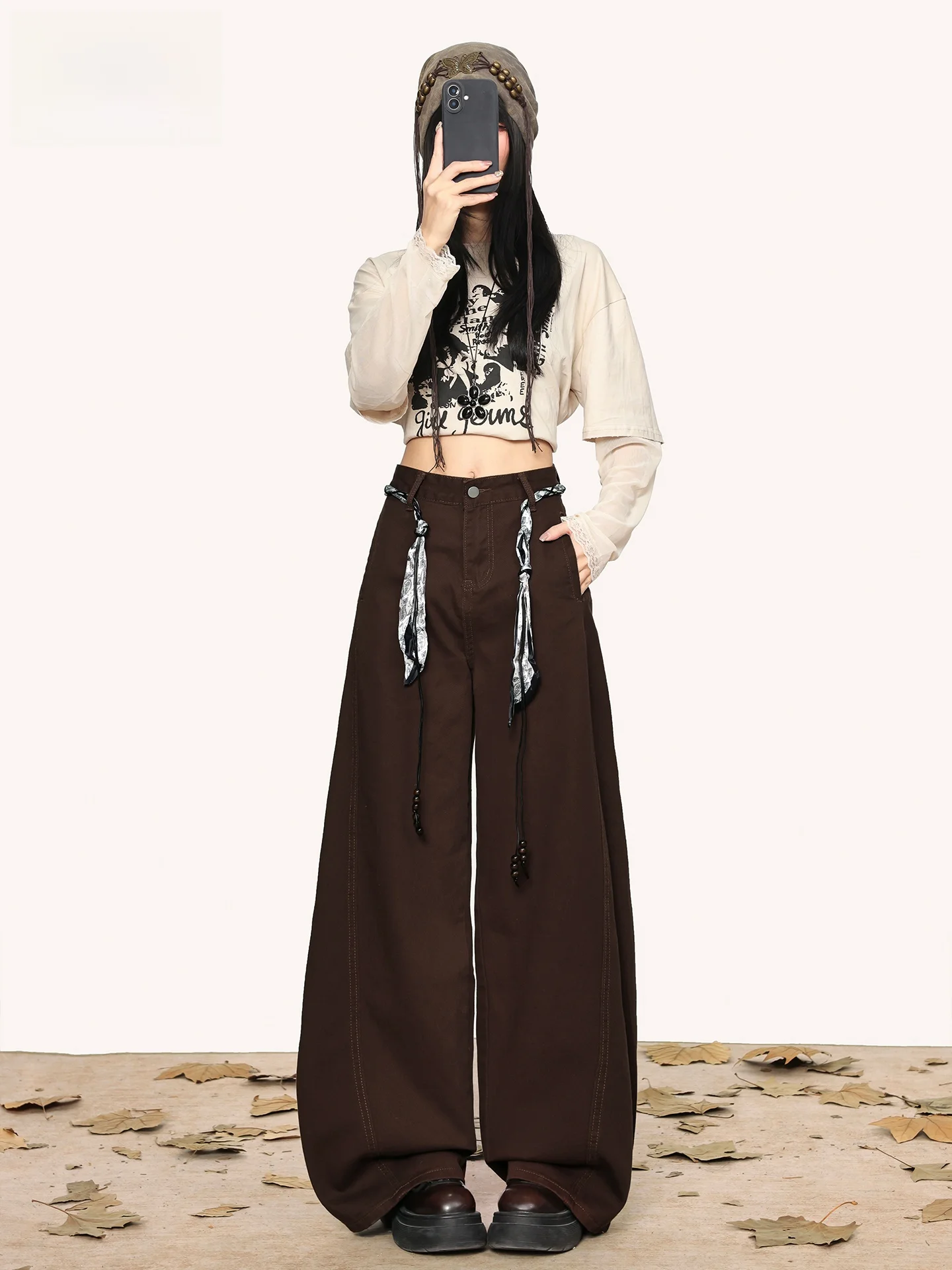 

American Style High Waist Wide Leg Jeans Women's Spring Summer Casual Loose Fit Bootcut Floor Length Belted Sash Jeans