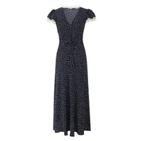 YENKYE 2025 Women Navy Blue Polka Dot Long Dress Lace Trim V Neck Short Sleeve A-line Elegant Holiday Dresses Summe Maxi Robe - Image 2