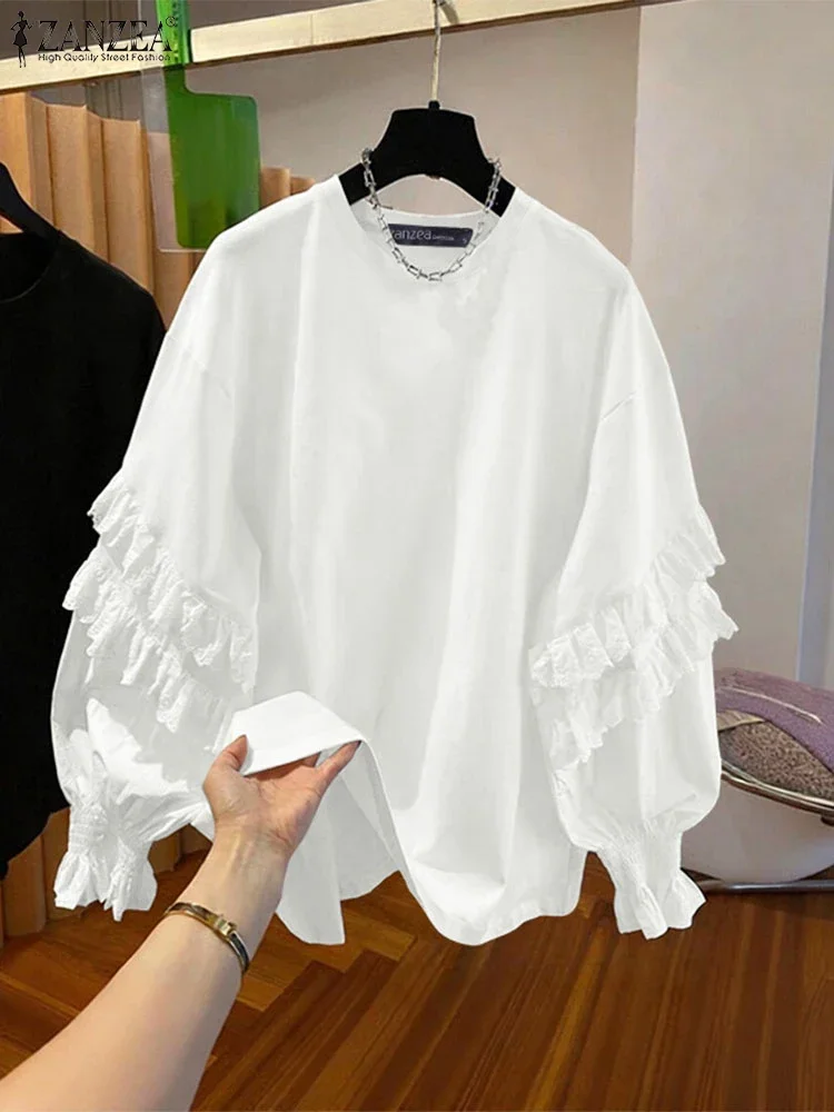 

ZANZEA Fashion Long Sleeve Ruffled Blouse Women Autumn Tops Casual Loose Shirts 2025 Elegant Solid Office Korean Blusas Feminina
