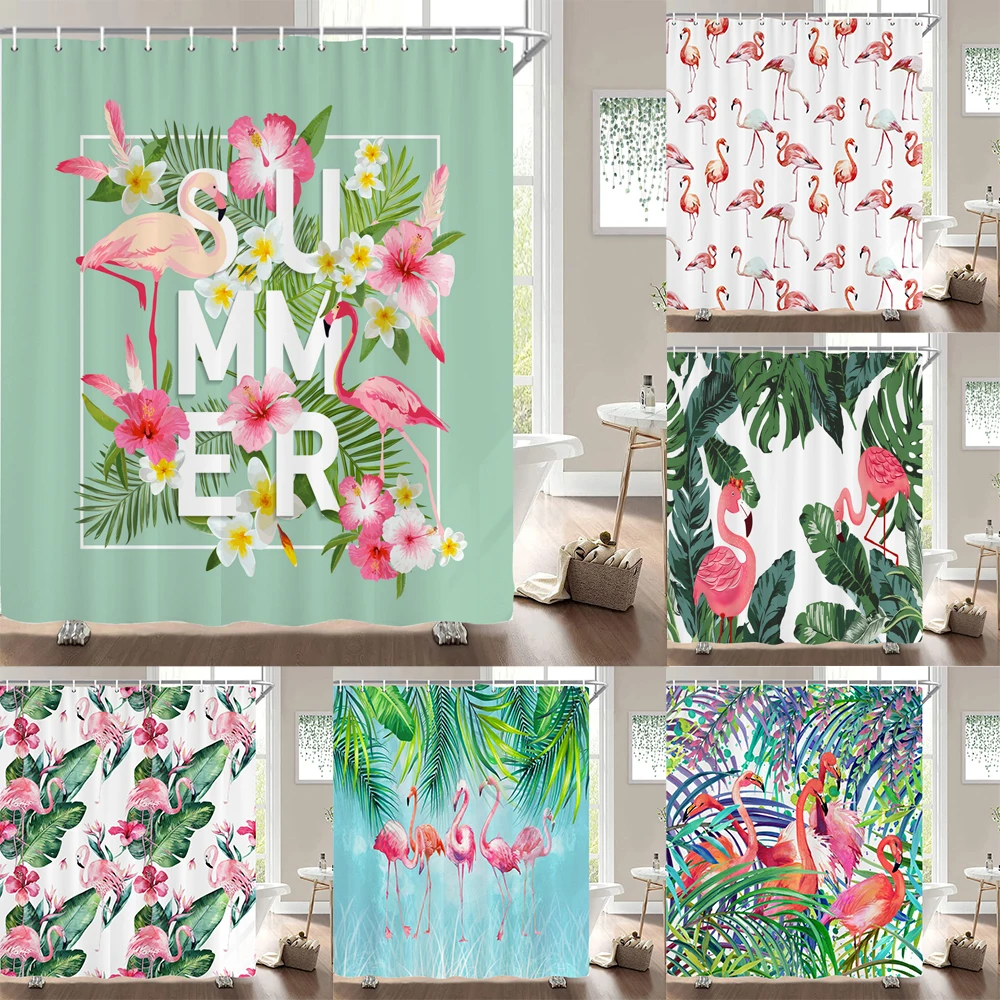 

Flamingo Shower Curtains Pink Birds Bathroom Curtains 3d Printed Decoration Waterproof Cloth With Hooks Bath Curtain