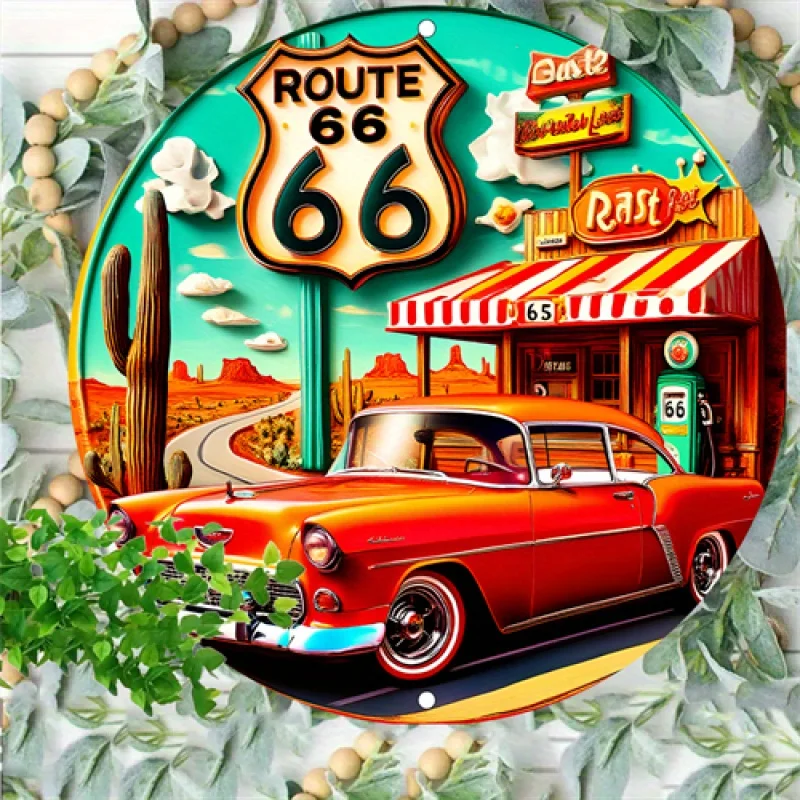 2D Flat - 1pc Retro Route 66 Metal Wall Art Sign - Vintage Car, Diner & Desert Landscape Decor - 8x8 Inch Round Plaque for Home