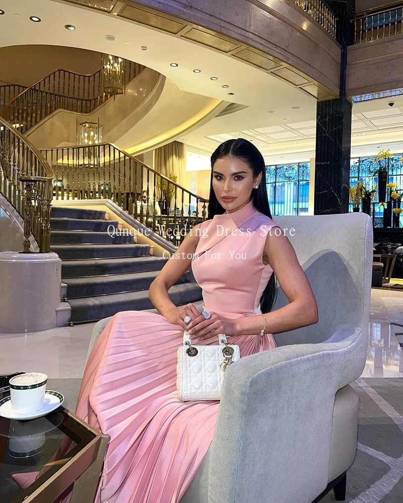 Qunque Customized Rose Pink Prom Dress Satin Party Dresses Arabic Mermaid Pleat Vestido Gala Vestidos Para Eventos Especiales