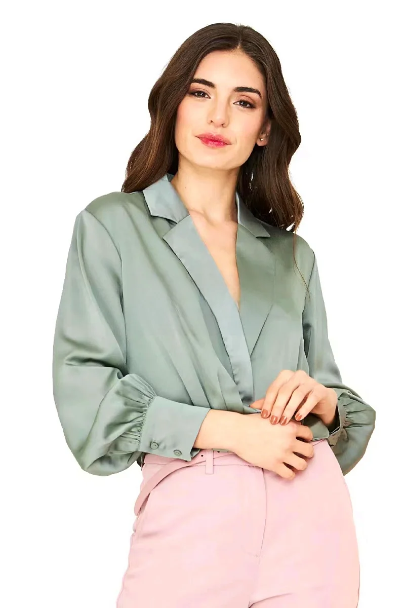 

Silky Fabric Long Sve Loose Women's irt V-ne Commute Pure Color Regular Length Sve Loose Sle Autumn Season