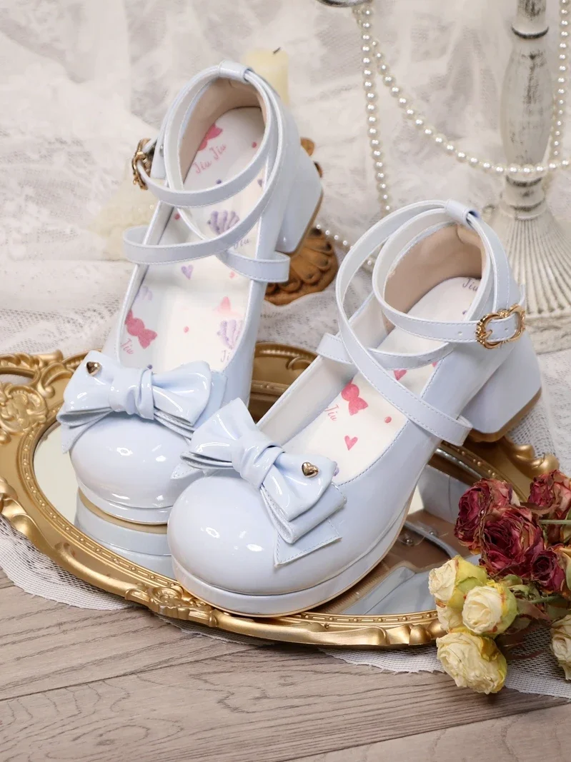 Sweet and Cute Princess Lolita White Women Shoes Bow Mary Jane Shoes Round Head Center Heel Girls Chunky Heels Pumps