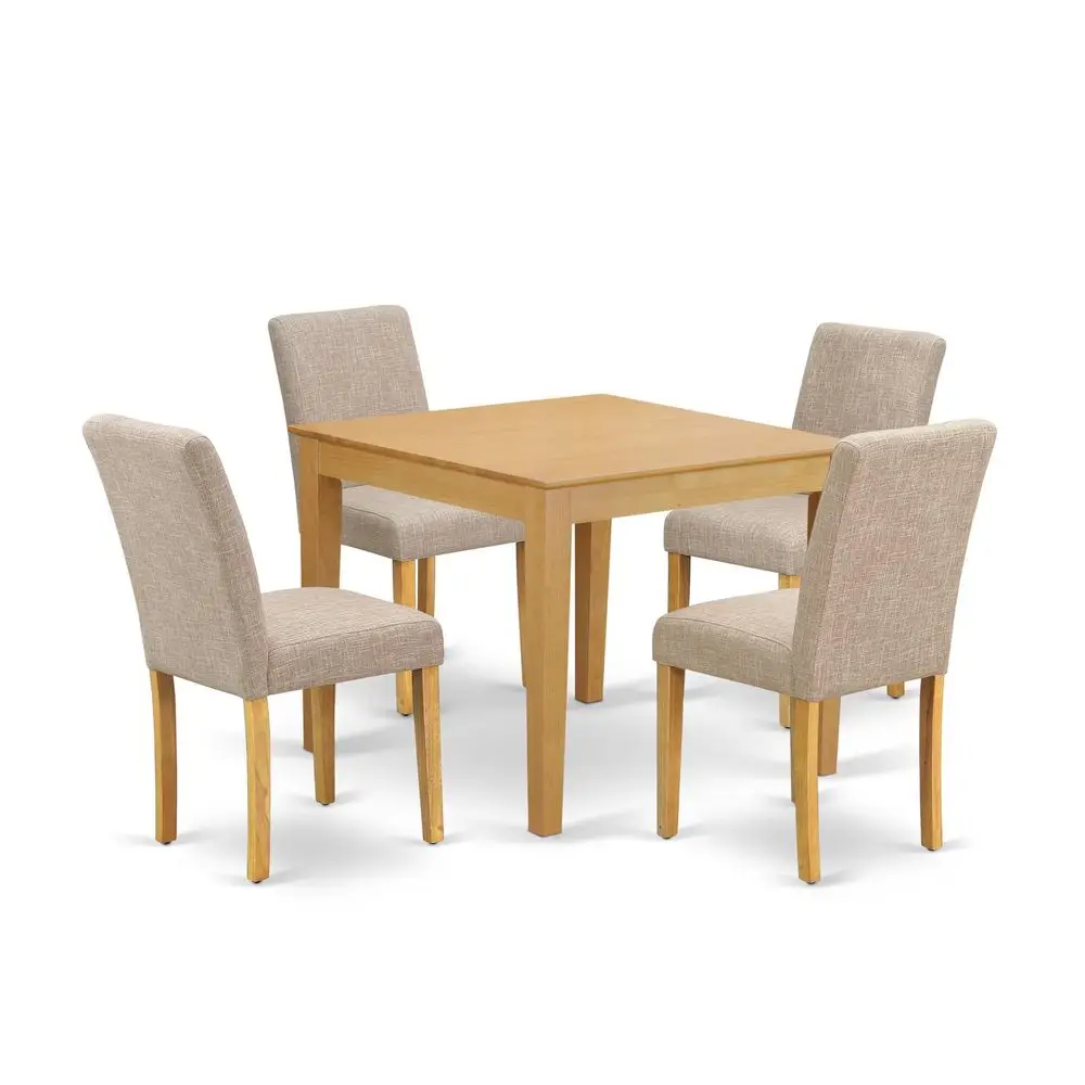 OXAB5OAK04 5 Piece Dining Table Set for 4 Includes a Square Kitchen Table and 4 Light Tan Linen Fabric Parsons Dining Chairs, 3