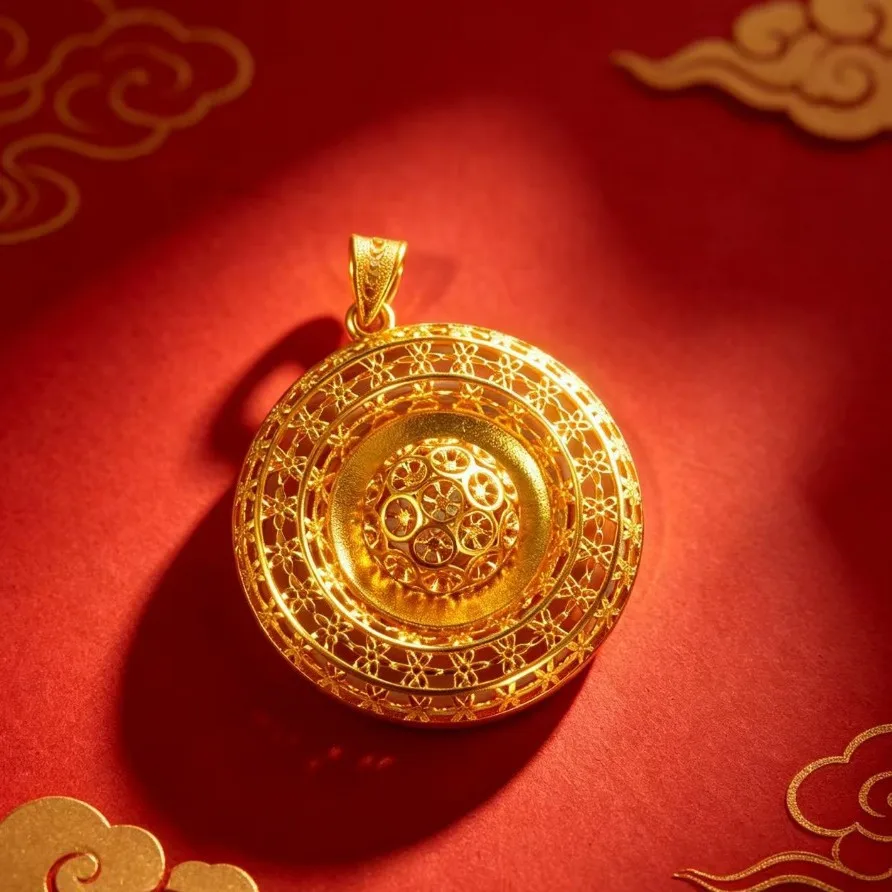 AU999 24K pure gold rotatable concentric circle filigree pendant for women, ideal matching jewelry for dresses and formal