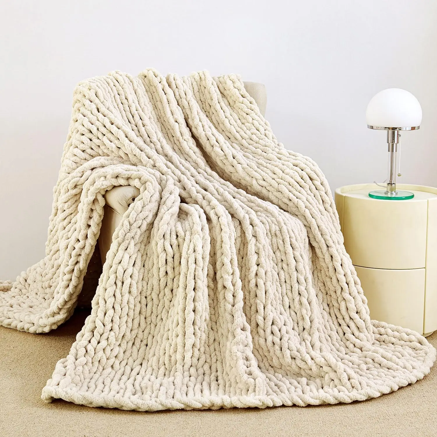 Chunky Knit Blanket Throw 51x63, Hand-Knit Chenille Sofa & Home Decor, Soft Cozy Ivory