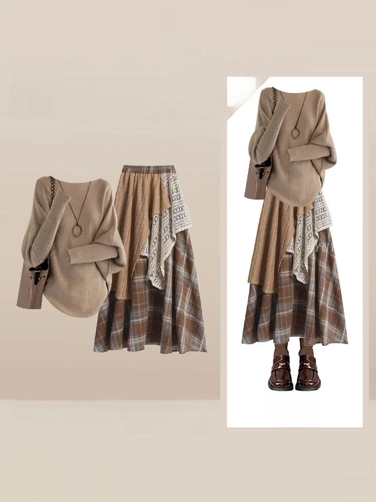 

Retro Plaid Patchwork Set Winter Lightweight Mature Knitted Design Sensation Asymmetrical Skirt Slimming Two-Piece Set