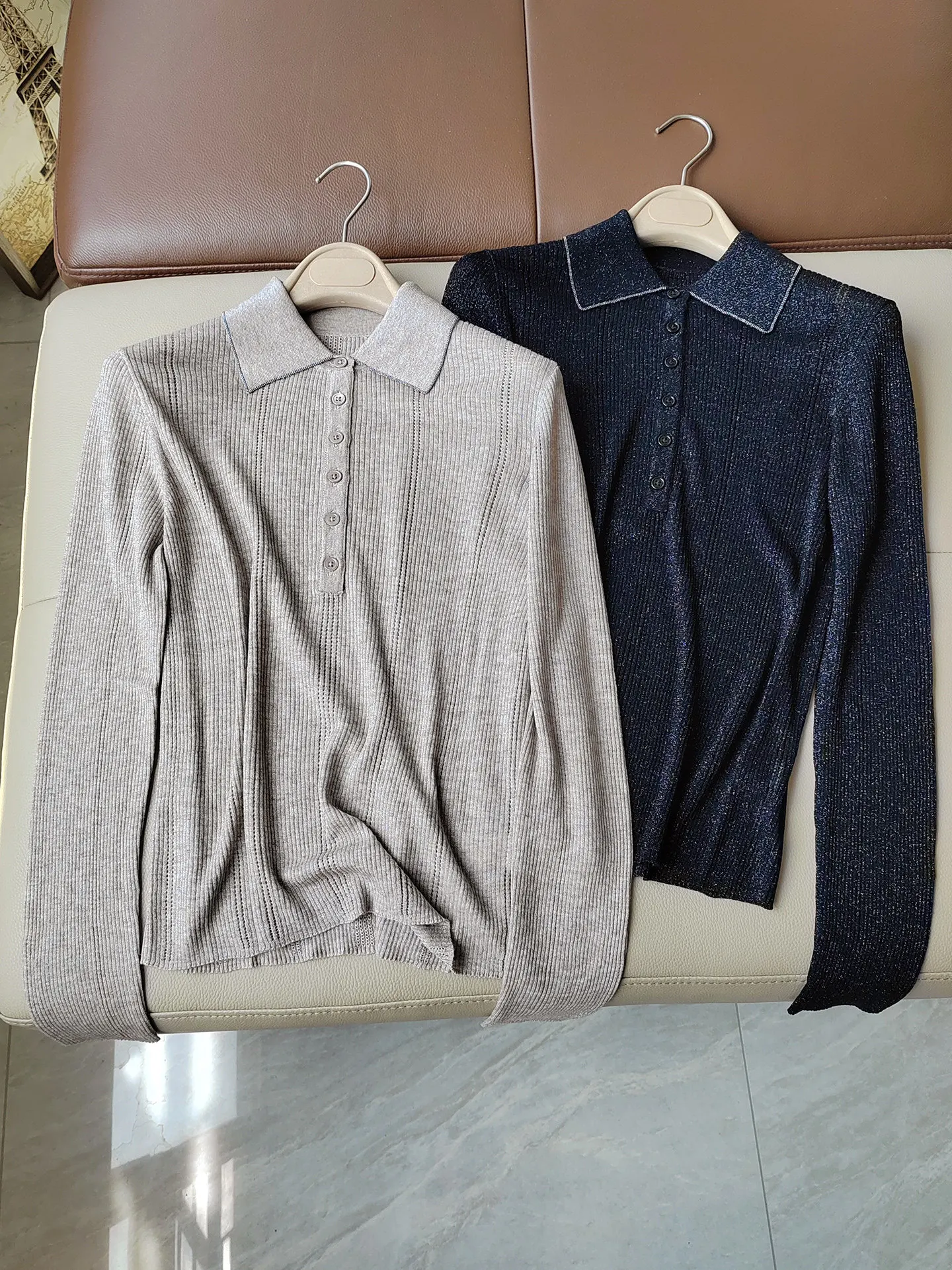 2026 Women's New Thin Shiny Silk Polo Collar Wool Long Sleeved Knitted Sweater Top